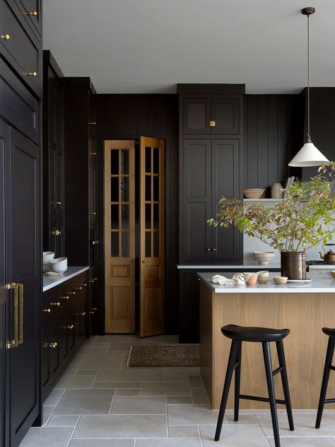 The Best Black Kitchen Cabinets of All Time | domino Moody Kitchen, Bold Kitchen, Light And Dwell, Kabinet Dapur, Black Kitchen Cabinets, Dark Kitchen, Property Design, Black Cabinets, Black Kitchens