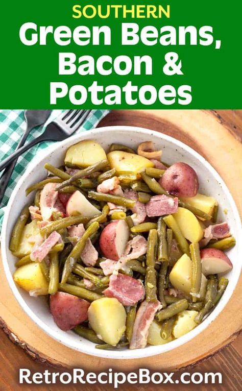 Southern Green Beans, Bacon and Potatoes are a retro side dish recipe straight from my grandpa's kitchen. Lots of flavor in a very simple dish! Bacon or ham and potatoes with green beans cooked until soft and delicious. retrorecipebox.com #southern #recipe #greenbeans #bacon #potatoes Southern Green Beans And Potatoes, Camp Stew, Ham And Green Beans, Southern Thanksgiving Recipes, Green Beans Potatoes, Thanksgiving Ham, Southern Green Beans, Slow Cooker Green Beans, Beans Potatoes