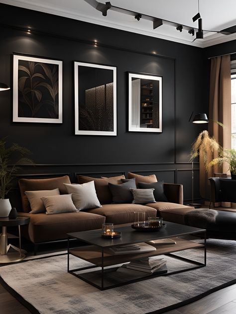 Luxury Living, Elegant Dining: Because Eating on the Couch Can Be Classy Bachelor Living Room, Black Walls Living Room, Dark Living Room Ideas, Masculine Living Rooms, Moody Living Room, Dark Living Rooms, Black Living Room, Living Room Decor Inspiration, Dark Interiors