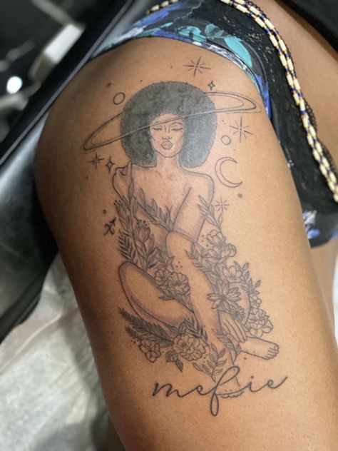 Black Empress Tattoo, Black Woman Holding The World Tattoo, Goddess Tattoo Black Woman, Black Woman Art Tattoo, Mother Earth Tattoo Black Woman, Black Mother Nature Tattoo, Black Virgo Goddess Tattoo, Black Goddess Tattoos For Women, Afro Angel Tattoo