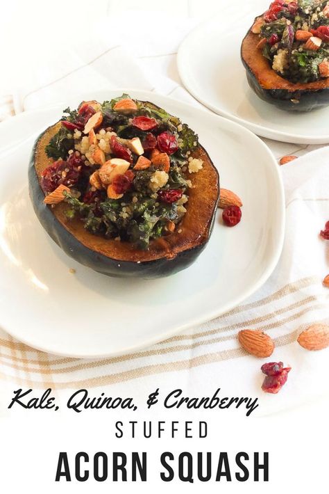 Kale, Quinoa, and Cranberry Stuffed Acorn Squash via Chef Julie Harrington, RD @ChefJulie_RD #cranberry #acornsquash #quinoa #vegetarian #squash Vegan Stuffed Acorn Squash, Loaded Recipes, Quinoa Stuffed Acorn Squash, Kale Quinoa, Stuffed Acorn Squash, Acorn Squash Recipes, Wfpb Recipes, Meatless Mondays, Christmas Foods