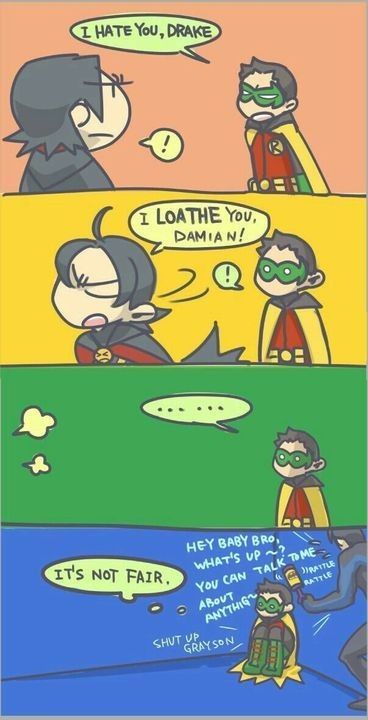 Damian X Tim, Tim X Damian, Tim And Damian, Dc Comics Funny, Baby Robin, Batfamily Funny, Univers Dc, Batman Funny, Robin Bird