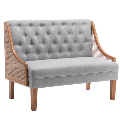 PRICES MAY VARY. The packaging of this settee sofa is 1 box, the arms (the side pieces), legs and hardware are in the body of the seat. Total Size: 48"W x 27"D x 36"H, Seat Size: 48"W x 21"D x 18"H, Weight Capacity: 500 lbs. Mid century modern settee bench with back, adding natural rattan webbing arms, infuse an elegant flair to your decor, ideal for dining room, living room, bedroom, office, guest room, restaurant, coffee house, club. There might be slightly different in color, because of the d Settee At Dining Table, Dining Room Couch Seating Sofas, Banquette Seating Office, Dining Room Couch, Upholstered Bench With Back, Mid Century Modern Settee, Modern Settee, Small Sofa Couch, Dining Bench With Back