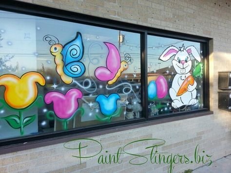 Easter window painting bunny butterfly tulips chick and eggs www.facebook.com/paintslingers.biz. www.PaintSlingers.biz Spring Window Painting Ideas, Store Window Painting, Easter Window Painting, Spring Window Painting, Window Painting Ideas, Hand Painted Windows, Easter Window Decorations, Easter Window, Painted Window Art