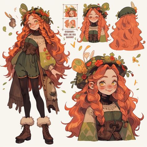 Oc Character Design Sheet, Autumn Character Design, Fall Character Design, Orange Character Design, Oc Sketches Character Design, Cottagecore Character Design, Cottagecore Character, Hairstyles Art Reference, Nature Oc