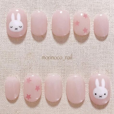 Kawaii Nail Inspo Short, Sanrio Themed Nails, Bunny Short Nails, Miffy Nails Simple, Studio Ghibli Nail Art Simple, Natural Nail Nail Art, Miffy Nails Short, Pink Bunny Nails, Cute Soft Nails