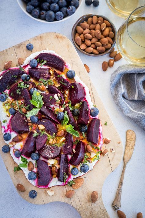 Roasted Beet Salad with Herbed Whipped Ricotta and Citrus Dressing with roasted almonds and blueberries -  a perfect sharable dish for brunch Ricotta Salad, Whipped Ricotta, Roasted Beet Salad, Citrus Dressing, Roasted Walnuts, Whipped Feta, Root Vegetable, Photo Food, Beet Salad