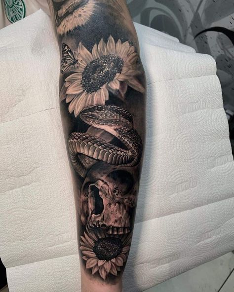 Snake Wrapped Around Arm Tattoo Men, Snake Wrapped Around Arm Tattoo, Wrapped Around Arm Tattoo, Back Of Forearm Tattoo, Butterfly Sleeve Tattoo, Forearm Tattoos For Men, Around Arm Tattoo, Sunflower Tattoo Sleeve, Black And White Snake