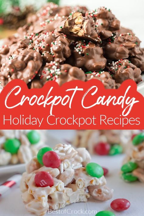 Crockpot candy recipes are perfect holiday slow cooker recipes we can use as gifts or in place of holiday cookie recipes. Crockpot Holiday Recipes | Slow Cooker Holiday Recipes | Candy Recipes for Christmas | Homemade Candy Recipes | Crockpot Recipes with Chocolate | Crockpot Dessert Recipes | Christmas Snack Ideas | Christmas Party Recipes #christmasrecipes #crockpotcandy Crockpot Xmas Candy, Easy Crockpot Christmas Candy, Christmas Candy Crockpot, Crock Pot Christmas Candy, Crockpot Candy Recipes Christmas, Crock Pot Holiday Recipes, Crock Pot Candy Recipes, Snack Ideas Christmas, Crockpot Cookies