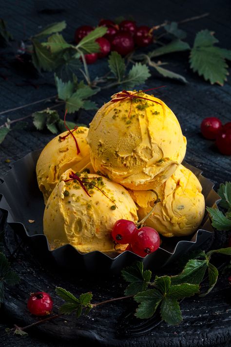 Saffron ice creams on Behance Summer Ice Cream Photography, Saffron Ice Cream, Persian Ice Cream, Yellow Ice Cream, Easy Indian Dessert Recipes, Easy Indian Dessert, Types Of Ice Cream, Ice Cream Wallpaper, Ice Cream Menu