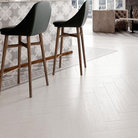 White Herringbone Floor, White Kitchen Floor, Porcelain Superstore, Airy Interior, White Washed Floors, Wood Plank Tile, Plank Tiles, Hall Flooring, Grey Wood Floors