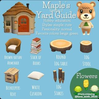 Beau Yard Guide Acnh, Marcie Yard Guide Acnh, Animal Crossing Gift Guide Shino, Cottage Core Villagers Acnh List, Forestcore Acnh, Cosy Games, Acnh Tips, Acnh Yard, Animale Crossing