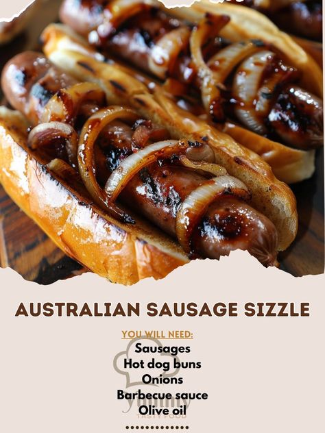 🌟 Experience the classic Australian Sausage Sizzle! 🌭✨ #AustralianFood #SausageSizzle Australian Sausage Sizzle Ingredients: Sausages (6) Hot dog buns (6) Onions (2, sliced) Barbecue sauce (1/2 cup) Olive oil (2 tbsp) Salt and pepper (to taste) Instructions: Cook sausages on a barbecue grill until done. Sauté onions in olive oil until caramelized. Place sausages in buns, top with onions and barbecue sauce. Season with salt and pepper. 🌟 Perfect for a weekend barbecue or picnic! #RecipeIns... Sausage Sizzle, Sauté Onions, Australian Food, How To Cook Sausage, Saute Onions, Barbecue Sauce, Barbecue Grill, Hot Dog Buns, Salt And Pepper