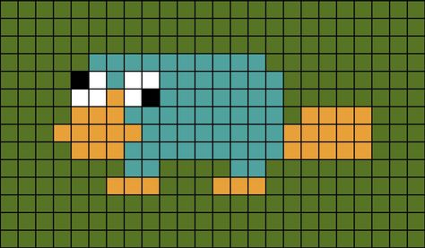 A pixel art template of Perry the Platypus from Phineas and Ferb. Perry The Platypus Perler Beads, Perry The Platypus Pixel Art, Phineas And Ferb Pixel Art, Parlor Beads, Perry The Platypus, Phineas Y Ferb, Pokemon Perler Beads, Easy Pixel Art, Pixel Art Grid