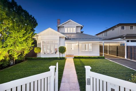 Property Report for 61 Raynes Park Road, Hampton VIC 3188 Californian Bungalow, Weatherboard House, Brick Paving, Edwardian House, Cottage Exterior, White Picket Fence, Up House, Australian Homes, Picket Fence