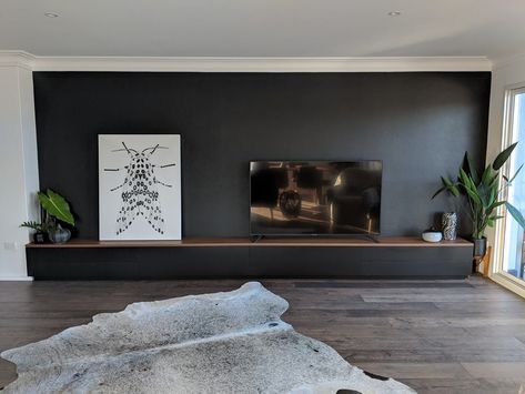 Black TV Entertainment Unit with Timber Top Tv Cabinet Wall Design, Tv Entertainment Unit, Floating Tv Unit, Tv Unit Decor, Living Room Tv Unit, Entertainment Units, Tv Entertainment Units, Tv Units, Tv Wall Design