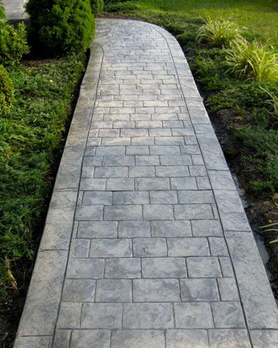 Stamped Concrete Walkway, Front Yard Walkway, Stamped Concrete Driveway, Walkway Landscaping, Concrete Patio Designs, Concrete Patios, Brick Walkway, Concrete Walkway, Front Walkway