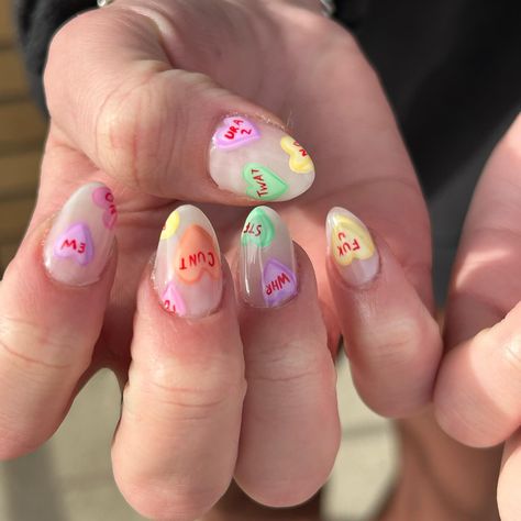 WARNING EXPLICIT CONTENT Candy Hearts 🤍 #valentinesnails #candyheartnails #nailart #nailtech #montananailtech #greatfallssalon #salon #nailsalon #nailartspecialist Heart Acrylics, Explicit Content, Candy Hearts, Nail Bar, Heart Candy, Valentines Nails, Nail Tech, Nail Salon, Nail Art