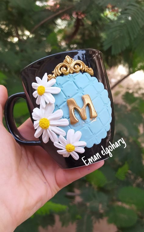 Clay Art On Cup, Cup Clay Art, Clay Art On Mug, Cup With Clay, Polymer Clay Mugs, Polymer Clay Cup, Letter Mug, Polymer Clay Disney, Clay Jar