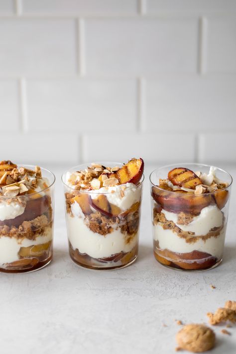 Grilled Peach Parfaits with Amaretti Cookie Crumbles + Mascarpone Cream | All Purpose Flour Child Grilled Peach Dessert, Peach Parfait, Italian Gourmet, Amaretti Cookies, Parfait Desserts, Parfait Recipes, Mascarpone Cream, Peach Desserts, Gourmet Desserts