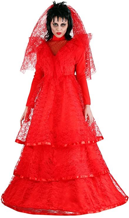 Amazon.com: Red Gothic Wedding Dress Costume Medium (8-10) : Clothing, Shoes & Jewelry Red Gothic Wedding Dress, Red Gothic Wedding, Beetlejuice Halloween Costume, Halloween Wedding Dresses, Wedding Foods, Goth Bride, Wedding Dress Costume, Dress Designs For Girls, Hoop Dress