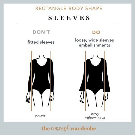 Rectangle Body Shape Sleeves Do's and Don'ts - the concept wardrobe Rectangle Body Shape Sleeves, Column Body Shape Outfits, Body Shape Chart, Column Body Shape, Rectangle Body Shape Fashion, Rectangle Body Shape Outfits, The Concept Wardrobe, Concept Wardrobe, Shape Chart