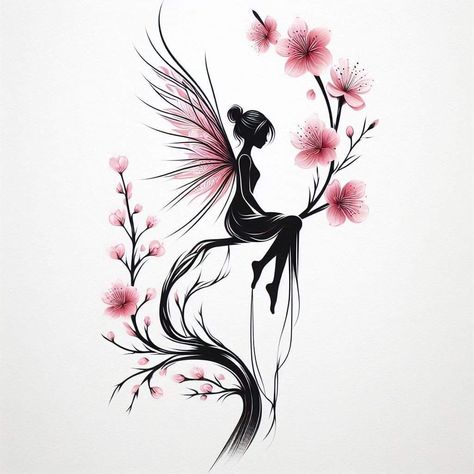 Japanese Cherry Blossom Tattoo Thigh, Cherry Blossom Tattoo Thigh, Fairy Sleeve Tattoo, Fairy Stencil, Cherry Blossom Tree Tattoo, Tree Tattoo Back, Blossom Tree Tattoo, Fairy Tattoo Designs, Book Pictures