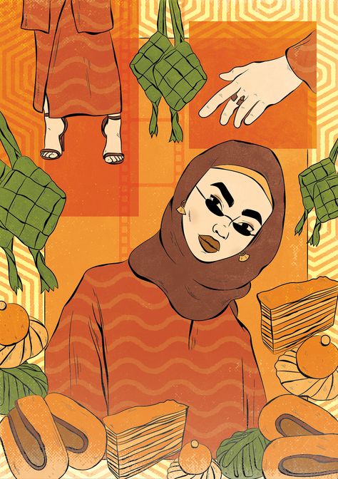 Raya Illustration, Hijabi Art, Texture Poster, Character Design Drawing, Bg Design, Orange Texture, Seni Dan Kraf, Islamic Cartoon, Printable Home Decor