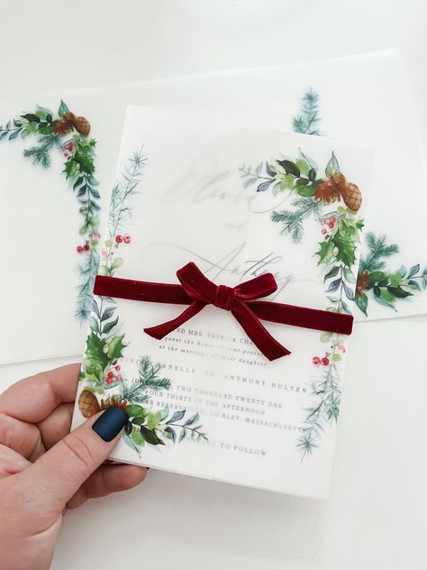 "Christmas wreath vellum wraps are perfect to spruce up your wedding invitations for the holiday season! These 5x7 evergreen clear vellum wraps will dress up your wedding invites and bring on the Holiday cheer! To use simply wrap around your invitation tightly and crease around your invitation, and then seal with a wax seal, sticker, or transparent tape (NOT INCLUDED). * Please note* The ribbon is for display purposes only and is NOT included with the wraps. . D E T A I L S . Each vellum jacket Christmas Invitations Wedding, Christmas Theme Wedding Invitations, November Christmas Wedding, Wedding Christmas Invitations, Christmas Wedding Jewelry, Christmas Mountain Wedding, Wedding Invitations Christmas Theme, Magical Winter Wedding, Christmas Wedding Details