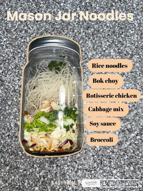 Mason Jar Meals Noodles, Jar Noodles Recipes, Meal Prep Soup Mason Jars, Mason Jar Noodles Lunches, Soup Jars Recipes, Mason Jar Ramen, Mason Jar Noodles, Noodle Jars, Jar Noodles