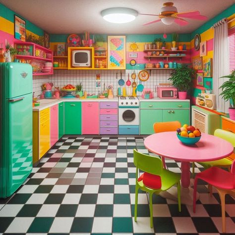 80s Kitchen 80s Aesthetic Kitchen, Pastel 80s Aesthetic, Trippy Kitchen, Neon Kitchen, 80s Aesthetic Retro, 80s Kitchen, 80s Interior Design, Retro Style Kitchen, 80s Room