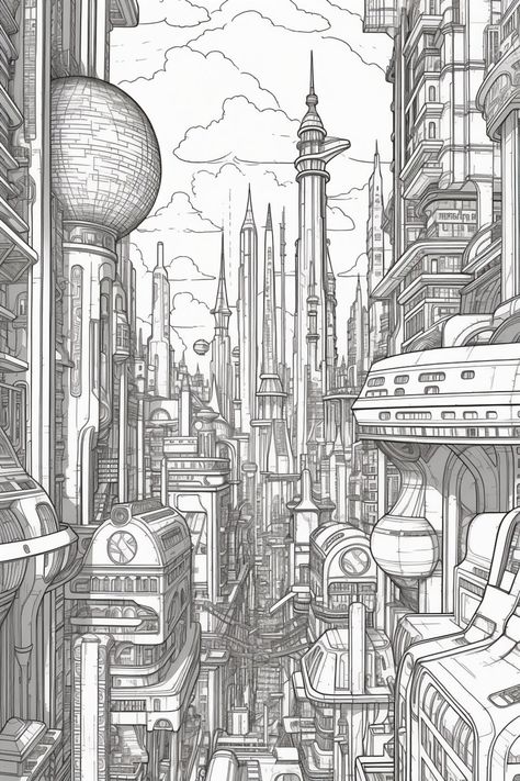 Futuristic City Buildings Coloring Pages City Coloring Book - Etsy Futuristic Cityscape Drawing, Futuristic Building Drawing, Future Buildings Drawing, Modern Buildings Drawing, Futuristic Building Architecture, Cyberpunk City Drawing, Future City Drawing Easy, Futuristic City Drawing, City Buildings Drawing