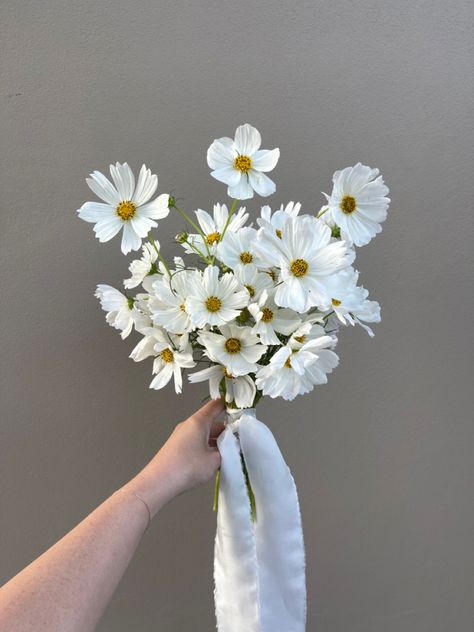 Cosmo bouquet with trailing silk ribbon for Somerley House wedding Bridesmaids With Small Bouquets, Daisy Bridal Bouquet Simple, One Flower Bridal Bouquet, White Boquets Ideas, Single White Flower Bouquet, Plain White Bouquet, Three Stem Bouquet, One Flower Type Bouquet, Cosmos Bridesmaids Bouquet