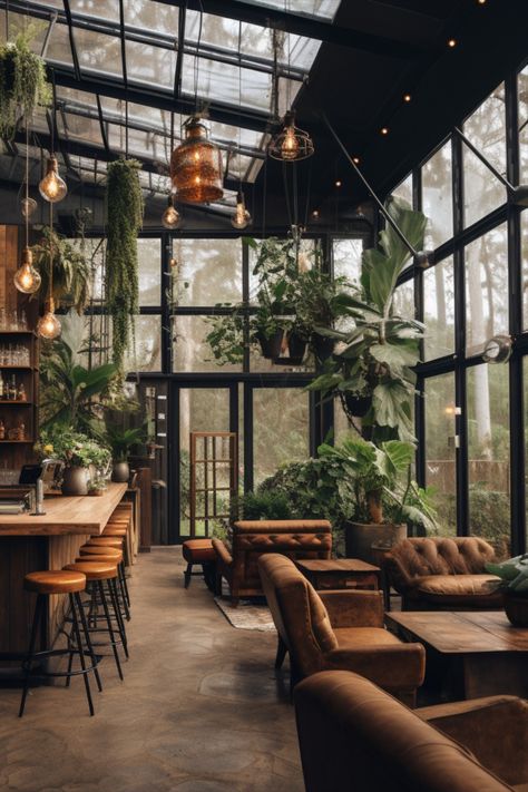 Image of an interior of a greenhouse lounge/bar, filled with plants. Greenhouse Lounge Ideas, Nature Lounge Design, Greenhouse Sun Room, Greenhouse Restaurant Interior Design, Restaurant Nature Design, Cafe And Bar Interior Design, Greenhouse Lounge Spaces, Eco Industrial Design, Greenhouse Cafe Design