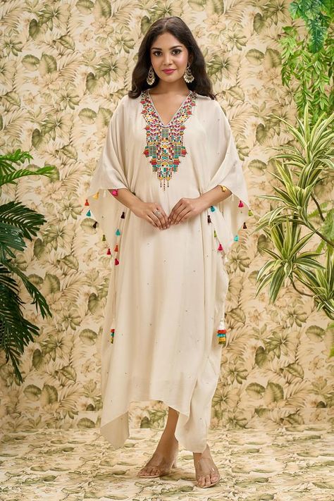 Buy Ajiesh Oberoi Yellow Cotton Silk Ambar Neck Embroidered Kaftan And Palazzo Set Online | Aza Fashions Tassel Sleeves, Kaftan Pattern, White Kaftan, Kaftan For Women, Pearl Work, Pearl Embroidery, Pant Set For Women, Satin Color, Fashion App