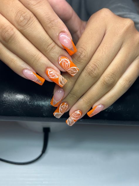 Orange butterfly nails with white outlines,orange v-frenchies with reflective silver glitter Orange Butterfly Nails, Nails Orange, Butterfly Nails, Orange Butterfly, Butterfly Nail, Nail Designs, Orange, Nails