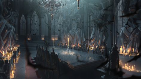 Fantasy Dining Room Concept Art, Fantasy Council Room, Gothic Castle Interior, Interior Concept Art, Vampire Castle, Castle Rooms, Dark Castle, Fantasy Rooms, Castle Aesthetic