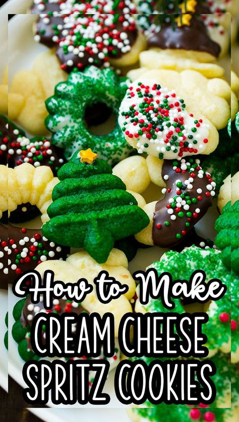 Cream Cheese Spritz Cookie Recipe, Best Spritz Cookie Recipe, Cream Cheese Spritz, Cream Cheese Spritz Cookies, Christmas Spritz Cookies, Spritz Cookie, Spritz Cookie Recipe, Christmas Sweet Treats, Dipped In Chocolate