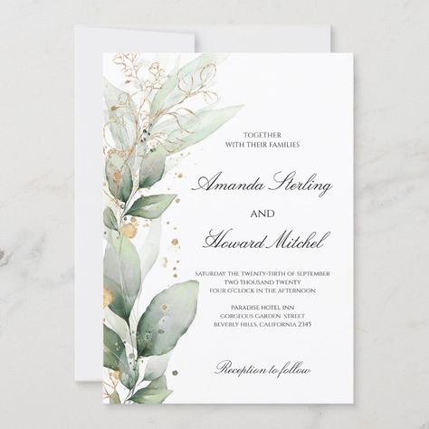 Wedding Invitation Content, Wedding Invitations Leaves, Minimal Wedding Invitation, Gold Wedding Invitation, Eucalyptus Wedding Invitation, Greenery Wedding Invitations, Eucalyptus Wedding, Wedding Leaves, Gold Wedding Invitations