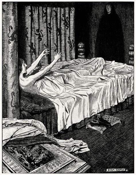 There appeared to her Lorenzo in a dream, pale and distraught.    Byam Shaw, from Tales from Boccaccio, done into english by Joseph Jacobs, London, 1899.    (Source: archive.org) Aqua Regia, Vampire Illustration, Occult Art, Santa Lucia, Chibi Drawings, Ex Libris, Surreal Art, Horror Art, Art Stuff