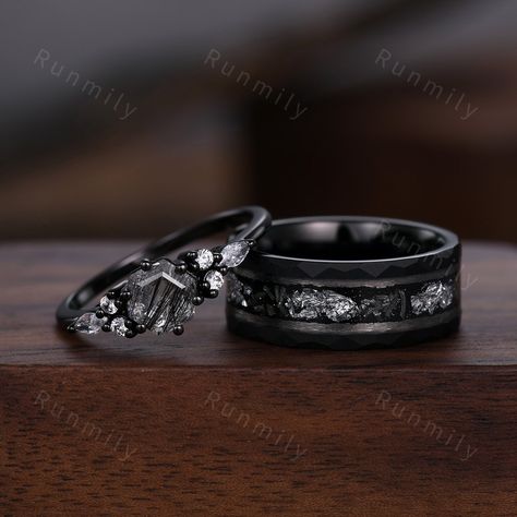 Here we have a Hexagon cut Black Rutilated Quartz Couples Ring Black Gold Matching Ring Set His and Hers Wedding Band Promise Ring For Men For Women ITEM DESCRIPTION ✦ Handmade, high-quality item! ✦ Material: Sterling Silver/Tungsten ►Sold as a two-piece set ►His ring is Black Gold Tungsten Carbide with meteorite and silver foil inlay. ►His band width: 8mm ►His tungsten ring will not turn green itself and will not cause your skin to turn green.  ✦ Durable - Incredibly Scratch-Resistant to always Witchy Wedding Rings Men, Wiccan Wedding Rings, Wedding Rings Groom And Bride, Matching Ring Sets For Couples, Black Silver And Green Wedding, Viking Wedding Ring Sets, Silver And Black Wedding Ring, Black Promise Ring For Him, Woman Ring Design