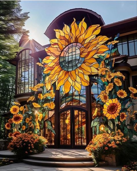 Sunflower Bedroom Aesthetic, Fairy Court, Sunflower Bedroom, Sunflower House, Sunflower Home Decor, Concrete Path, Fantasy Homes, Sunflower Decor, Wow Art