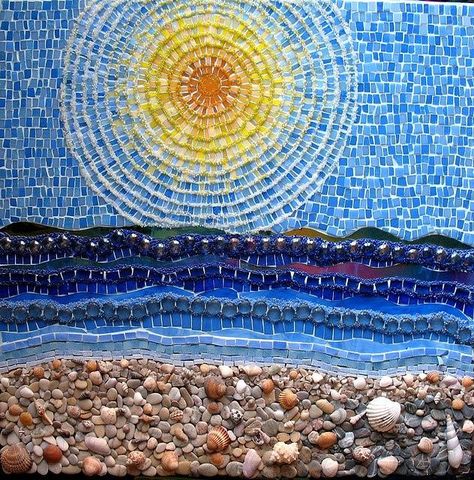 Fish Mosaic Patterns | Mosaics - Fish, Beach, Ocean Mosaic Waves, Shell Mosaic, Mosaic Madness, Mosaic Art Projects, Mosaic Tile Art, Mosaic Murals, Mosaic Artwork, Ocean Scenes, Mosaic Garden