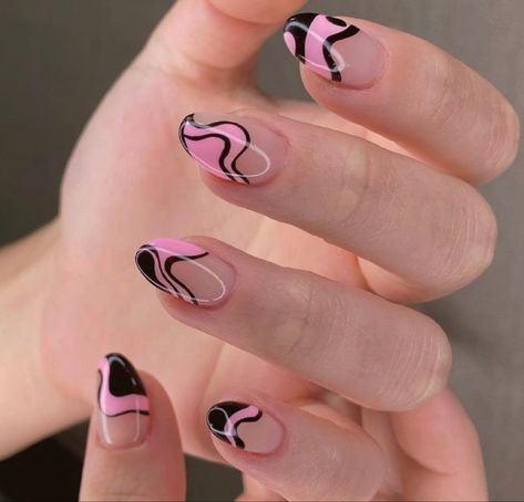 Pink And Black Nails Almond, Pink Black White Nails, Black And Pink Almond Nails, Black And Light Pink Nails, Pink And Black Almond Nails, Black White And Pink Nails, Light Pink And Black Nails, Pink Black And White Nails, Black Almond Nails