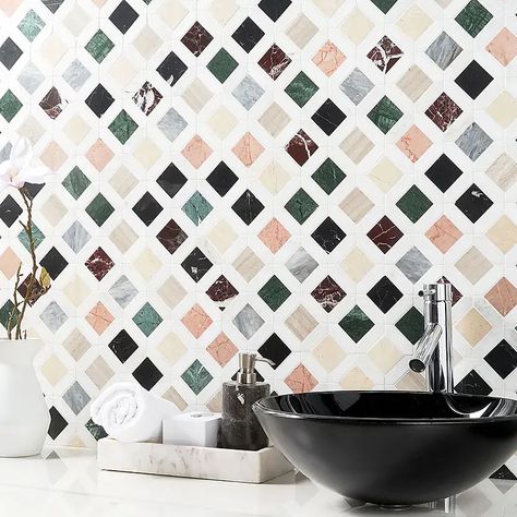 Shop Nola Multicolor 2x2 Polished Marble Mosaic Tile | TileBar.com Artmore Tile, Marble Mosaic Floor, Types Of Decor, Wall Mosaic, Green Mosaic, Mosaic Tile Backsplash, Mcm House, Mosaic Floor, Tile Manufacturers