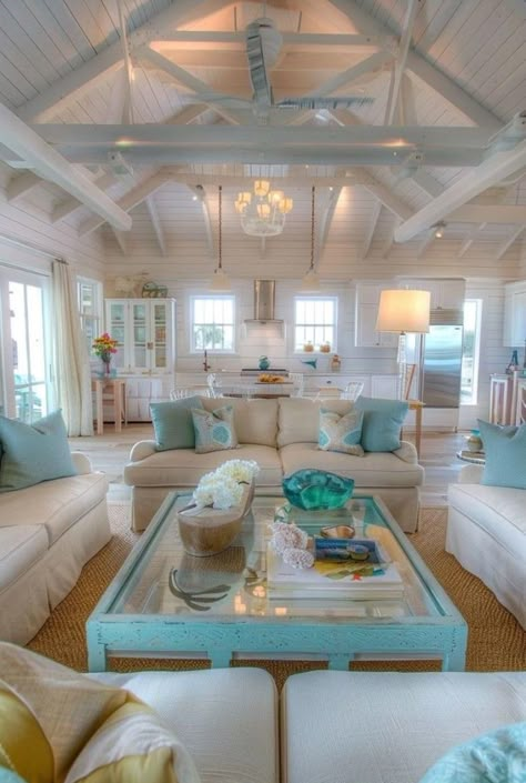 Beach House Ideas, Small Beach Cottages, Aqua Living Room, Small Beach Cottage, Beach Cottage Ideas, Cozy Window Nook, Tiny Beach House, Mediterranean Interior Design, Greek Decor