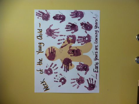 Week of the Young Child poster made by the children. I printed the words and glued cut out. Then, painted whatever hand the children chose purple. They placed their hand where ever they wanted onto the poster. They really enjoyed it! Toddler Art Show Ideas, Week Of The Young Child Crafts, Week Of The Young Child Activities For Toddlers, Week Of Young Child Activities, Week Of The Young Child Ideas, Week Of The Young Child Crafts For Toddlers, Week Of The Young Child Toddler Activities, Preschool Week Of The Young Child, Week Of The Young Child Art Projects