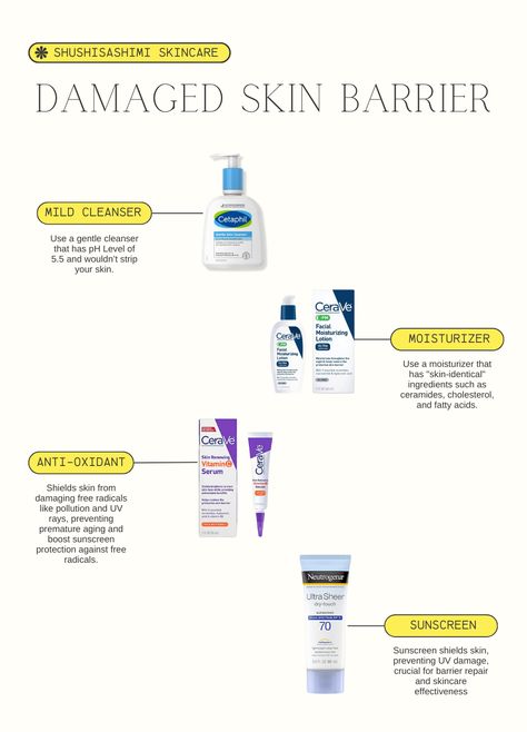 Skincare routine and products to repair a damaged skin barrier and restore a healthy glow. Damaged Skin Repair, Damaged Skin Barrier, Simple Routine, Mild Cleanser, Gentle Cleanser, Moisturizing Lotions, Skincare Ingredients, Skin Barrier, Health Facts