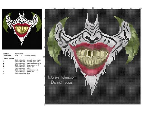 Cross stitch pattern Joker face free download 100 x 100 stitches Joker Perler Beads, Joker Perler Beads Pattern, Joker Cross Stitch Pattern, Dc Cross Stitch, Cross Stitch Mask, Marvel Cross Stitch, Joker Face, Cross Stitch Quotes, Graph Crochet