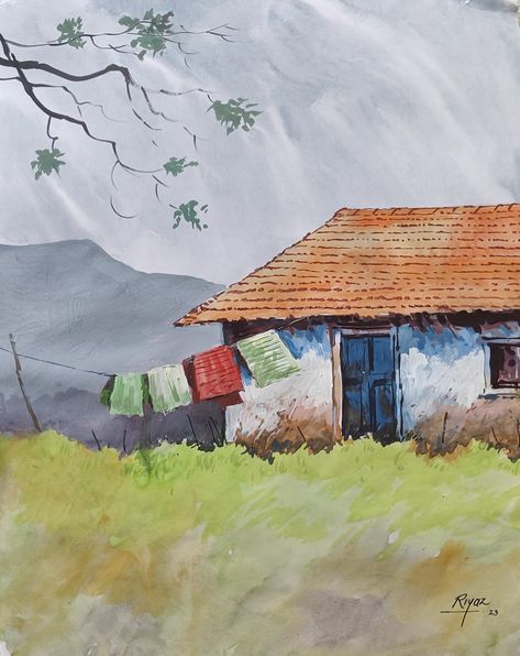 Watercolor Landscape Paintings Village, Composition Drawing Easy, Village Scene Painting, Watercolour Houses, Watercolor Scenery Painting, Village Scene Drawing, Scenery Drawing For Kids, Indian Drawing, Composition Ideas